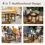 Tangkula 4 in 1 Outdoor Fire Pit, Heavy Duty Metal Square Wood Burning Fire Pit with Spark Screen Cover