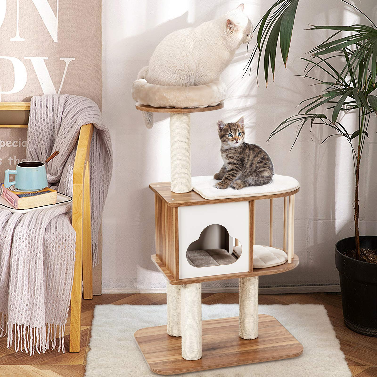 Modern Wood Cat Tree, 46 Inches Cat Tower with Platform - Tangkula