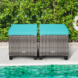2 Pieces Patio Rattan Ottomans, Outdoor Wicker Footstool Footrest Seat with Soft Cushions and Steel Frame