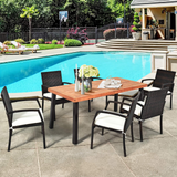 Tangkula 7 Pieces Outdoor Dining Set, Acacia Wood Patio Dining Table w/ 6 Cushioned Rattan Armrest Chairs