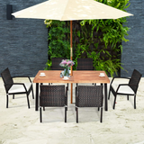 Tangkula 7 Pieces Outdoor Dining Set, Acacia Wood Patio Dining Table w/ 6 Cushioned Rattan Armrest Chairs