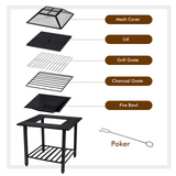 Tangkula 4 in 1 Outdoor Fire Pit, Heavy Duty Metal Square Wood Burning Fire Pit with Spark Screen Cover