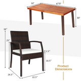 Tangkula 7 Pieces Outdoor Dining Set, Acacia Wood Patio Dining Table w/ 6 Cushioned Rattan Armrest Chairs