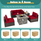 Tangkula 6 Pieces Patio Rattan Sofa Set, Patiojoy Outdoor Wicker Set w/ 34.5" Faux Stone Fire Pit Table