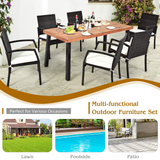 Tangkula 7 Pieces Outdoor Dining Set, Acacia Wood Patio Dining Table w/ 6 Cushioned Rattan Armrest Chairs