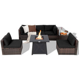 Tangkula 7 Piece Patio Furniture Set w/Fire Pit Table, Patiojoy Outdoor Rattan Conversation Sofa Set