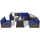 Tangkula 7 Piece Patio Furniture Set w/Fire Pit Table, Patiojoy Outdoor Rattan Conversation Sofa Set