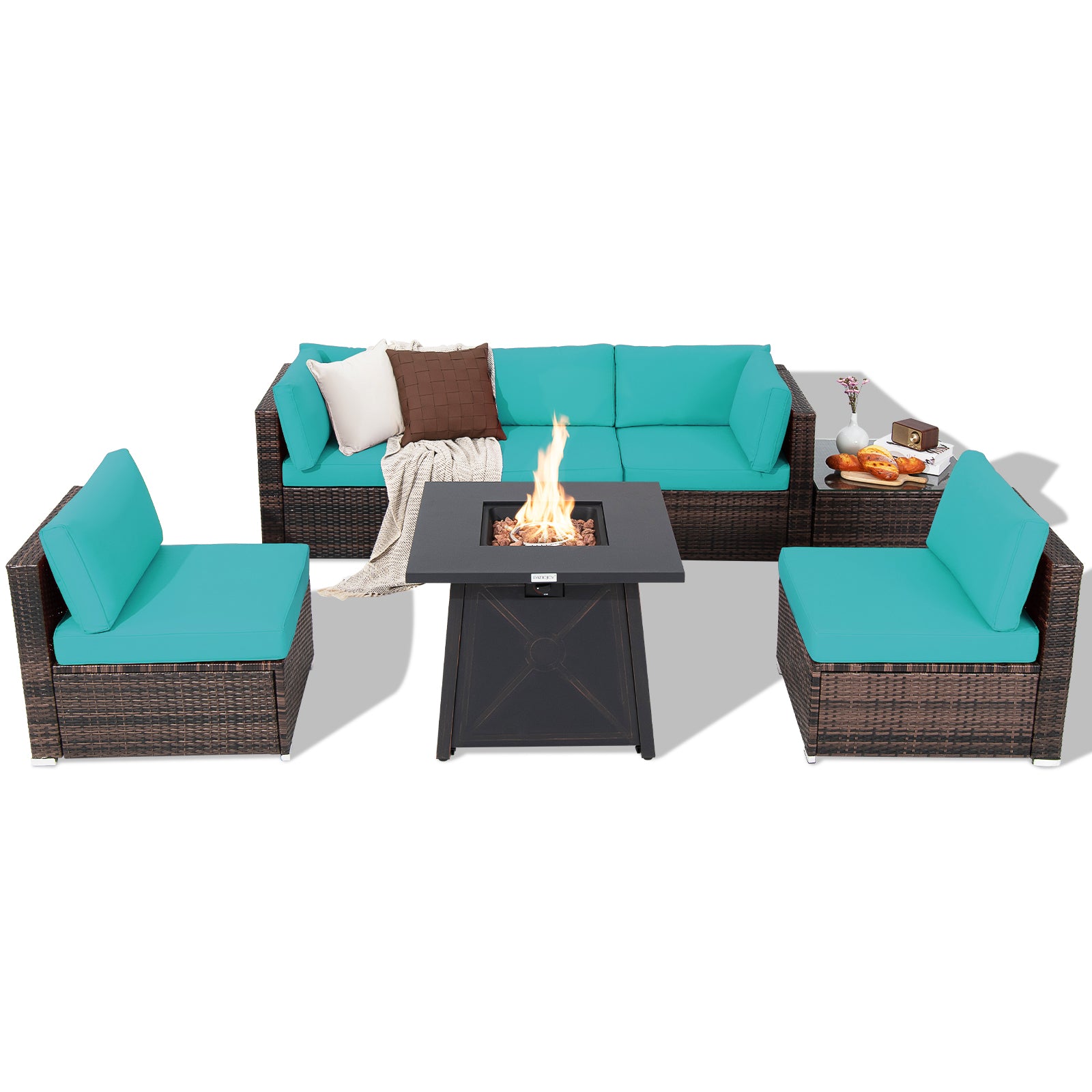 Tangkula 7 Piece Patio Furniture Set w/Fire Pit Table, Patiojoy Outdoor Rattan Conversation Sofa Set