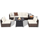 Tangkula 7 Piece Patio Furniture Set w/Fire Pit Table, Patiojoy Outdoor Rattan Conversation Sofa Set