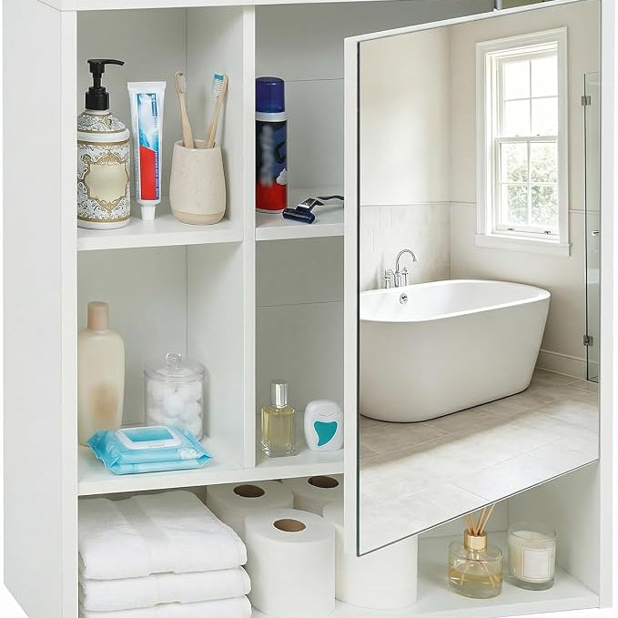 Tangkula Wall-Mounted Bathroom Mirror Cabinet w/2 Hidden Storage Shelves & 3 Open Storage Compartments