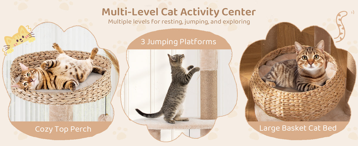 Tangkula 65 Inch Tall Cat Tower with Jute Scratching Posts, Cattail Basket Bed
