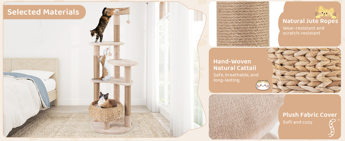 Tangkula 65 Inch Tall Cat Tower with Jute Scratching Posts, Cattail Basket Bed