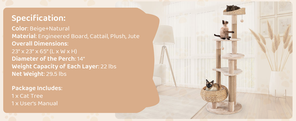 Tangkula 65 Inch Tall Cat Tower with Jute Scratching Posts, Cattail Basket Bed