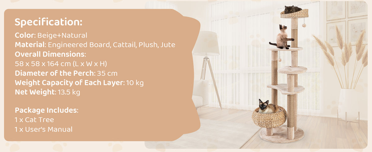 Tangkula 65 Inch Tall Cat Tower with Jute Scratching Posts, Cattail Basket Bed