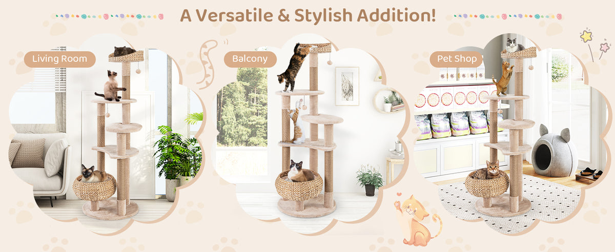 Tangkula 65 Inch Tall Cat Tower with Jute Scratching Posts, Cattail Basket Bed