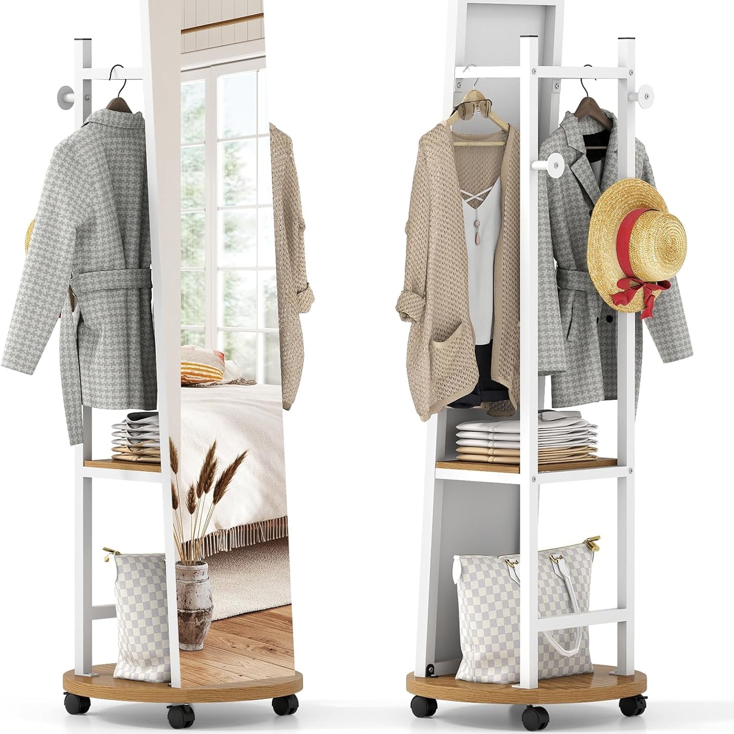 Tangkula Full Length Mirror with Coat Rack Swivel 55" Standing Floor Mirror on Wheels with Shelves