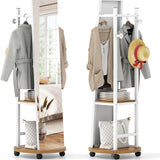 Tangkula Full Length Mirror with Coat Rack Swivel 55" Standing Floor Mirror on Wheels with Shelves