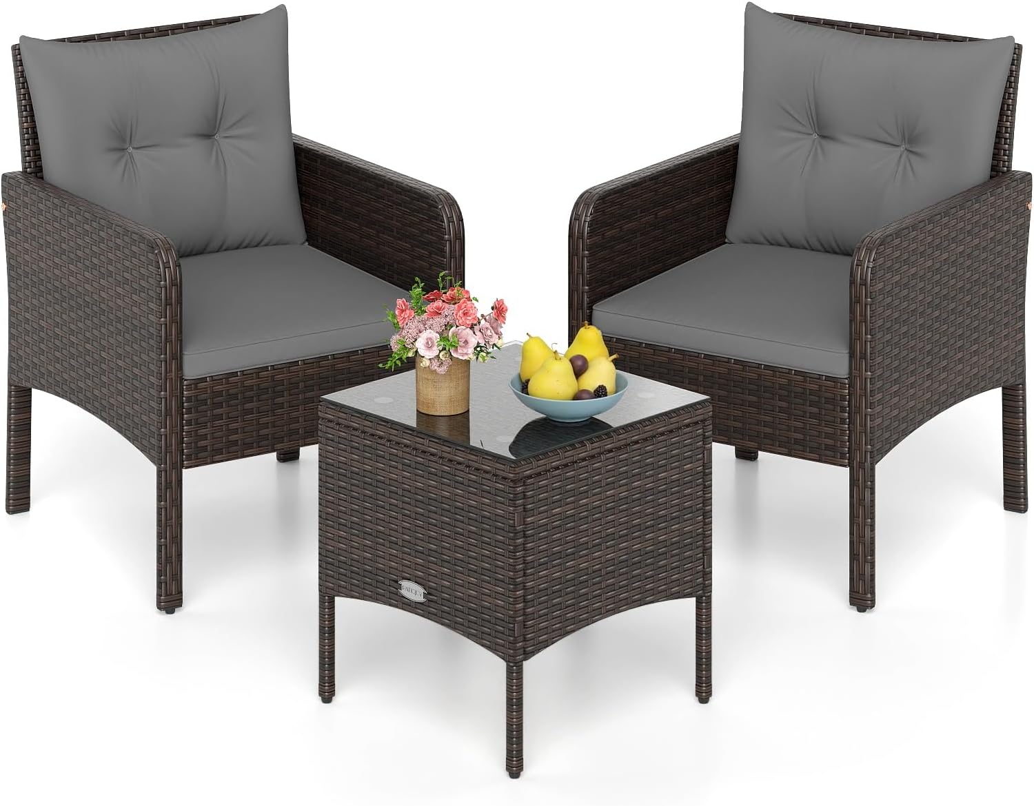Tangkula 3 Piece Patio Bistro Set Rattan Wicker Outdoor Conversation Set with Cushions and Coffee Table