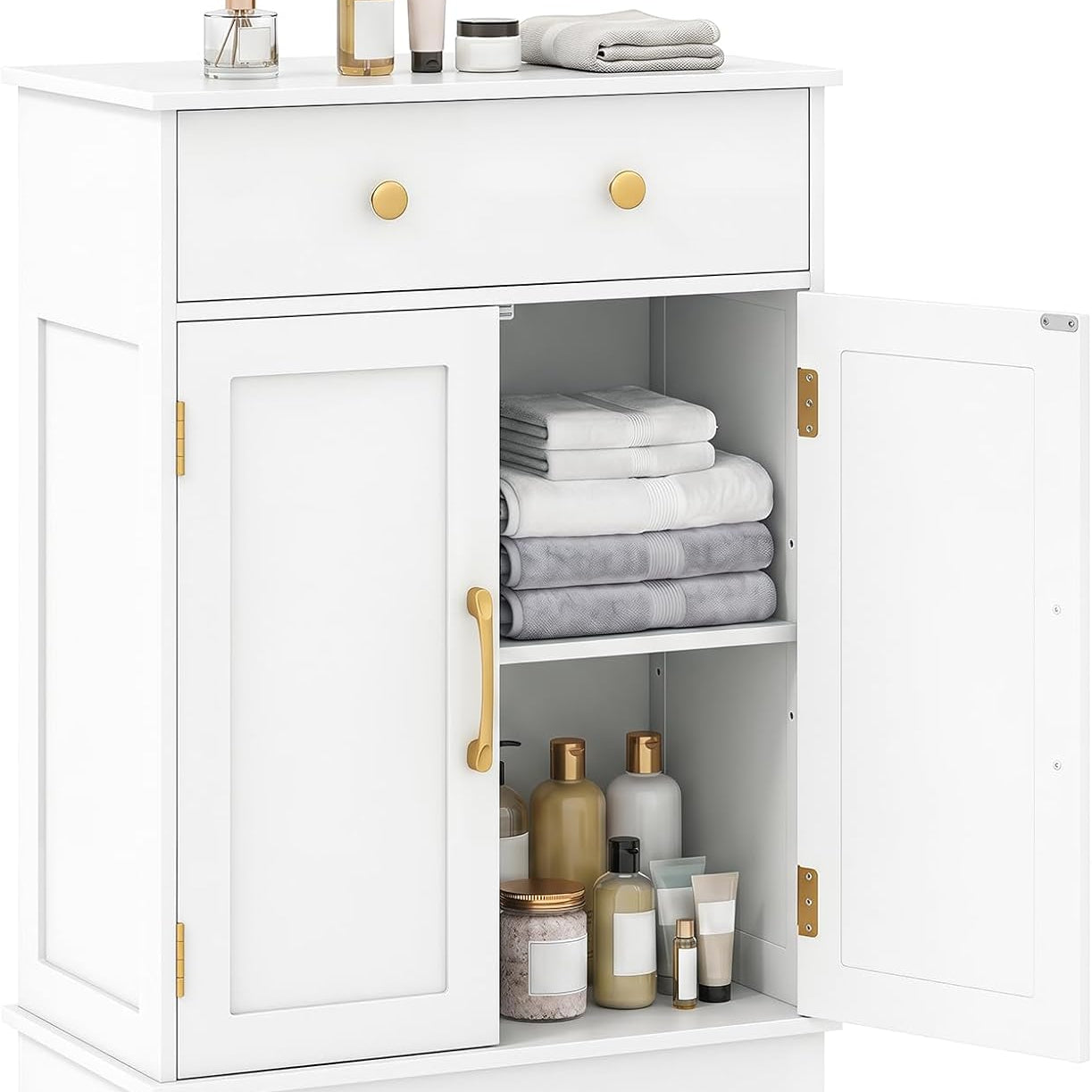 Tangkula Modern Freestanding Bathroom Storage Cabinet w/Large Pull-Out Drawer