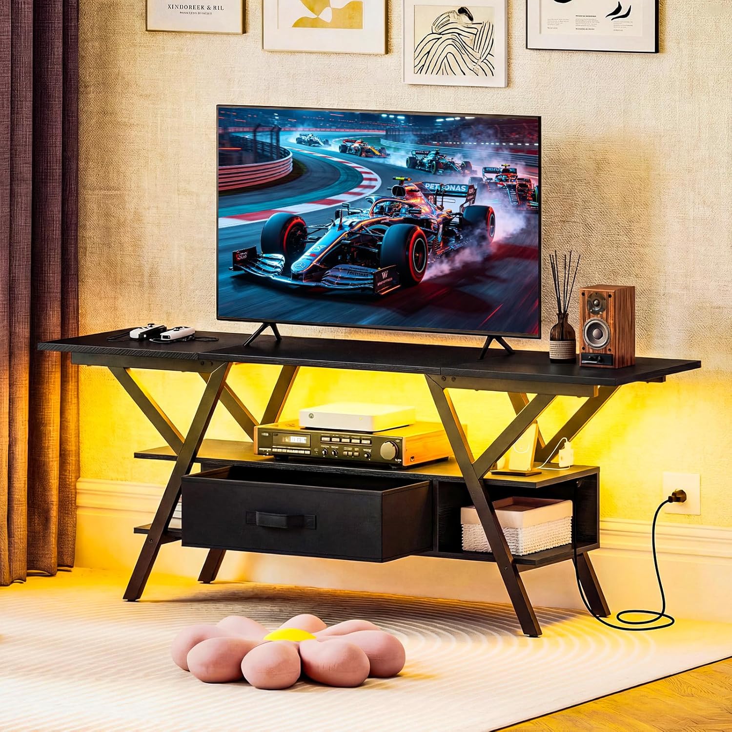 Tangkula TV Stand with Power Outlets & LED Lights for PS5