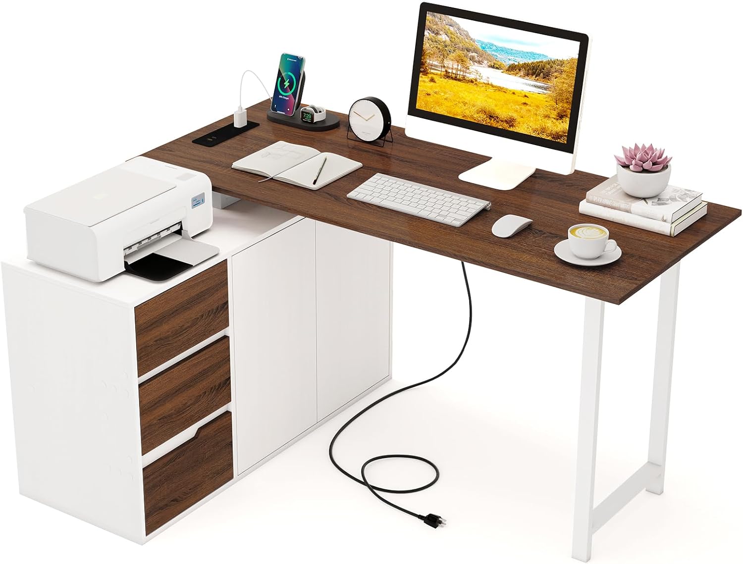 Tangkula Reversible L-Shaped Desk with File Cabinet & 3 Drawers | 54.5 Inch Corner Computer Desk with Power Outlet