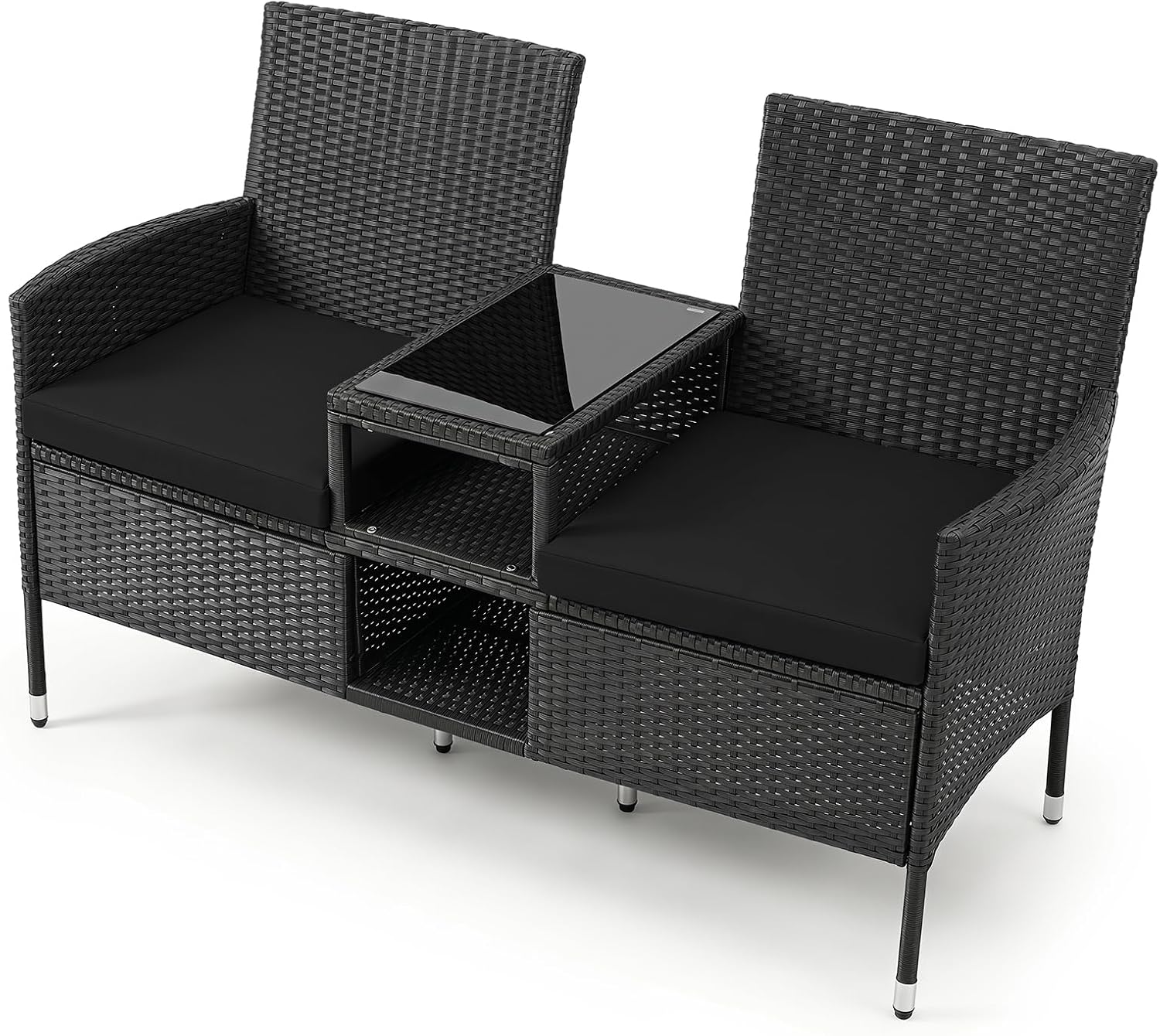 Tangkula Patio Loveseat | Outdoor Wicker 2-Seat Bench with Built-in Glass Side Table