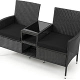 Tangkula Patio Loveseat | Outdoor Wicker 2-Seat Bench with Built-in Glass Side Table