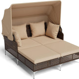 Tangkula Outdoor Rattan Double Daybed with Retractable Canopy