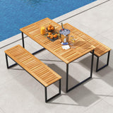 Tangkula 3 Pieces Outdoor Dining Set for 6 People, 55 inch Rectangle Patio Table & 2 Benches with Acacia Wood Tabletop
