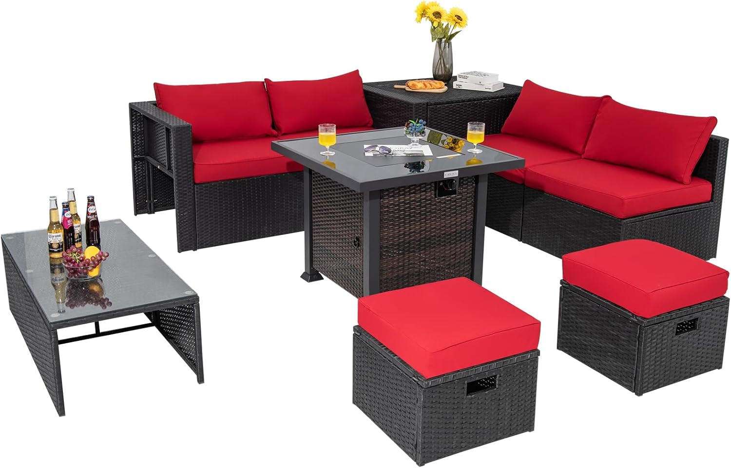 Tangkula 9 Pieces Patio Furniture Set with 32” Fire Pit Table, 50,000 BTU Square Propane Fire Pit