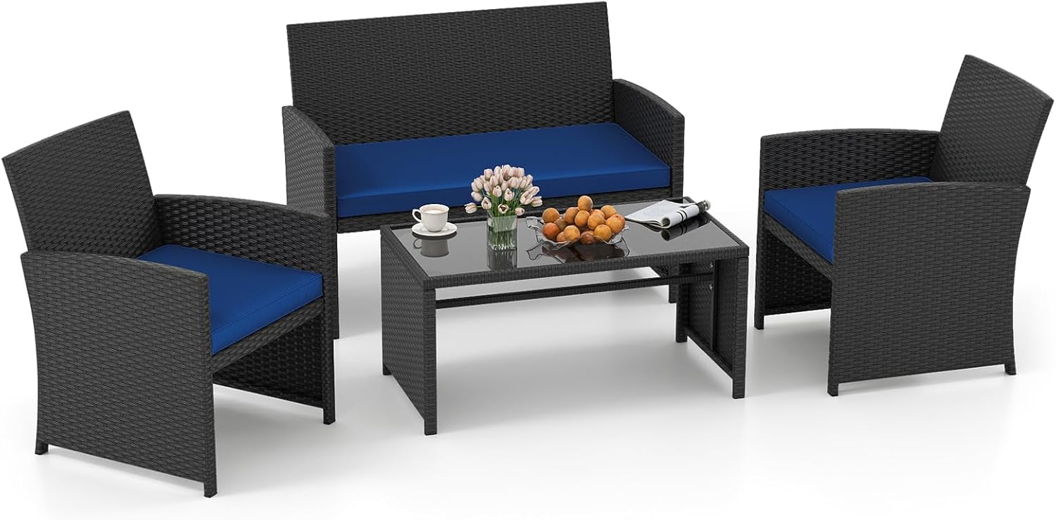 Tangkula 4 Pieces Patio Furniture Set with Tempered Glass Tabletop and Removable Cushion