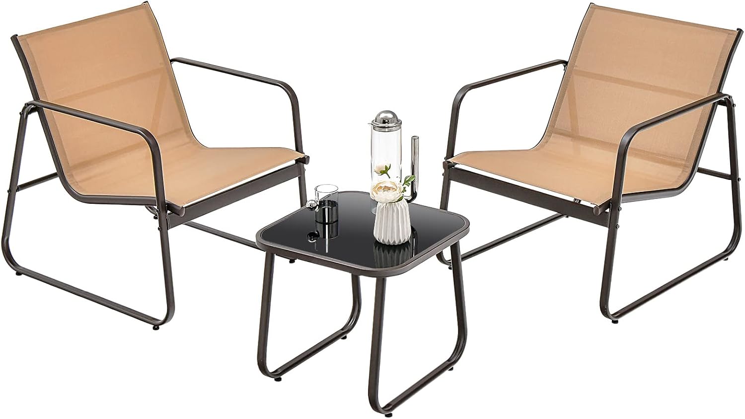 Tangkula 3 Pieces Patio Conversation Set, Outdoor Metal Chair & Table Set, Breathable Fabric & Tempered Glass Tabletop