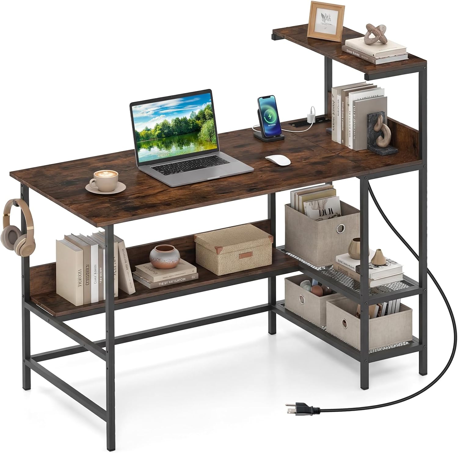 Tangkula 48" Reversible Computer Desk with Bookshelves & Power Outlets
