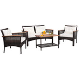 Tangkula 4-Piece Patio Furniture Set, Patiojoy Acacia Wood Outdoor PE Wicker Conversation Set with Cushions (Off White)