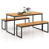 Tangkula 3 Pieces Outdoor Dining Set for 6 People, 55 inch Rectangle Patio Table & 2 Benches with Acacia Wood Tabletop