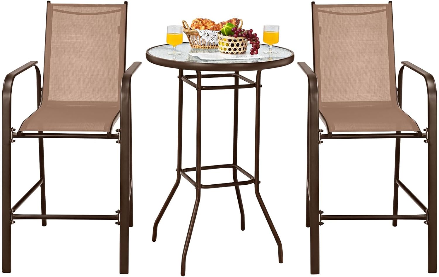 3 Pieces Outdoor Patio Bar Set, Outdoor Bistro Set with 2 Bar Stools and 1 Tempered Glass Bar Table