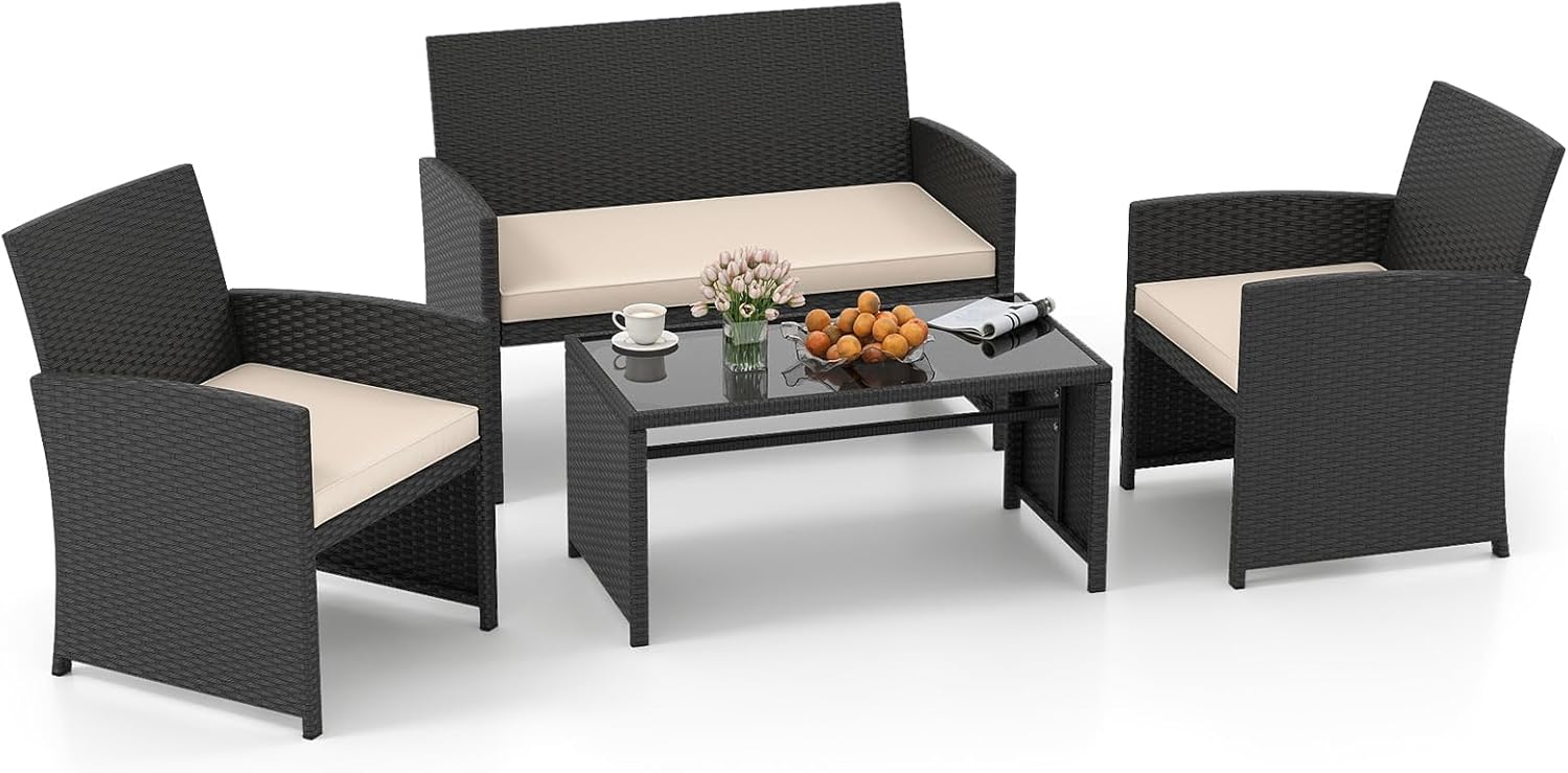 Tangkula 4 Pieces Patio Furniture Set with Tempered Glass Tabletop and Removable Cushion