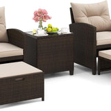 Tangkula 5 Piece Patio Rattan Furniture | Wicker Cushioned Chairs Set w/ 2 Ottomans & Tempered Glass Coffee Table