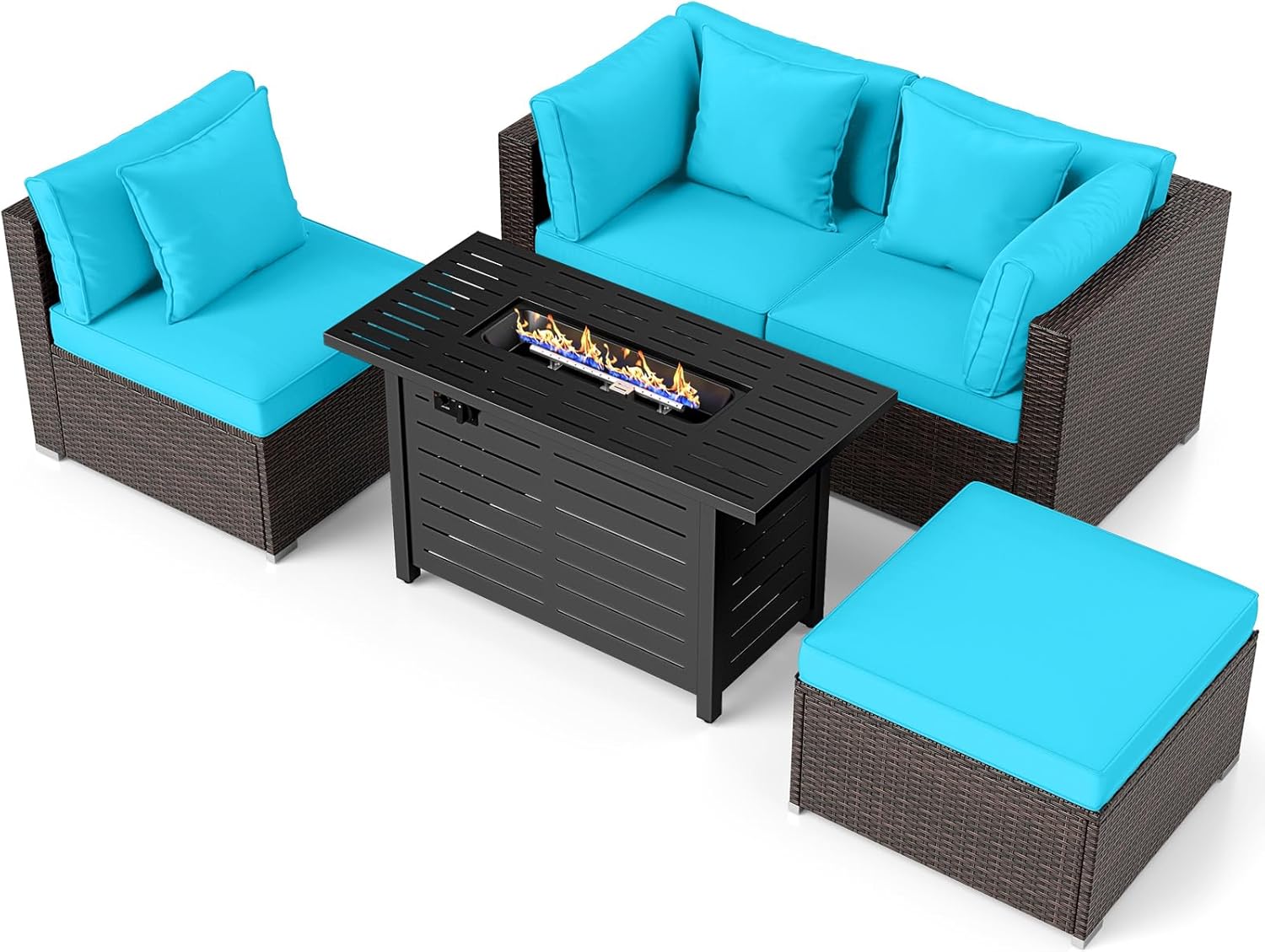 Tangkula 5 Piece Patio Rattan Sectional Sofa Set with 60,000 BTU Firepit Table