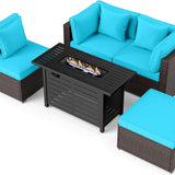 Tangkula 5 Piece Patio Rattan Sectional Sofa Set with 60,000 BTU Firepit Table