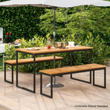 Tangkula 3 Pieces Outdoor Dining Set for 6 People, 55 inch Rectangle Patio Table & 2 Benches with Acacia Wood Tabletop