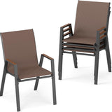 Tangkula Stackable Patio ChairsOutdoor Breathable Fabric Dining Chairs with High Backs and Wood-Plastic Armrests for Backyard