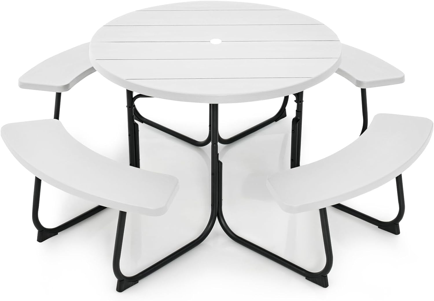 Tangkula 8 Person Picnic Table, Outdoor Round Picnic Table with 4 Built-in Benches, Umbrella Hole