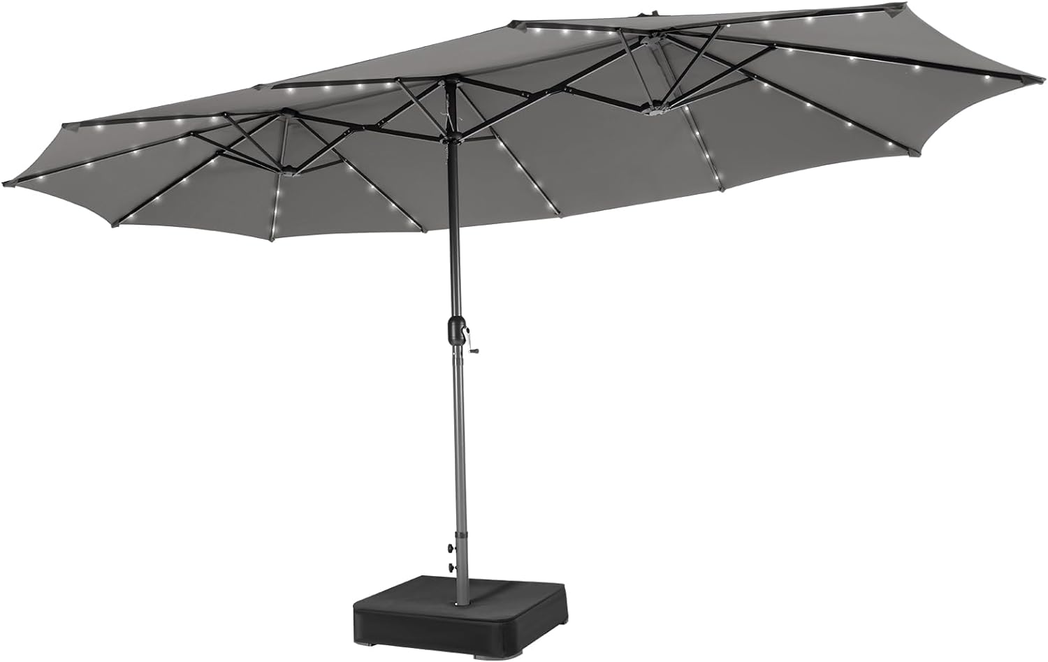 grey patio umbrella with solar lights 15 Feet Twin Patio Umbrella with 48 Solar LED Lights, Gray