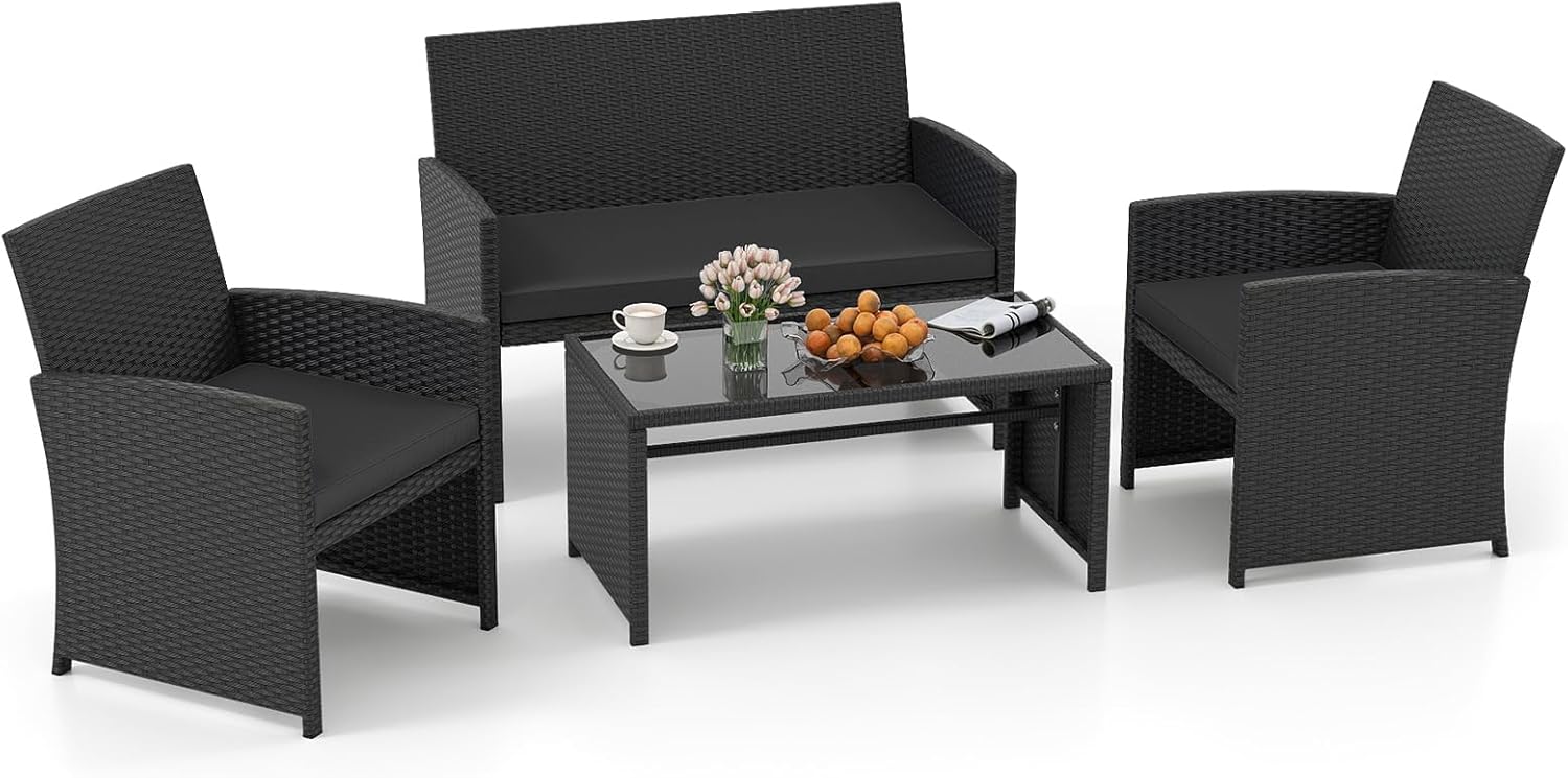 Tangkula 4 Pieces Patio Furniture Set with Tempered Glass Tabletop and Removable Cushion