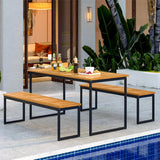 Tangkula 3 Pieces Outdoor Dining Set for 6 People, 55 inch Rectangle Patio Table & 2 Benches with Acacia Wood Tabletop