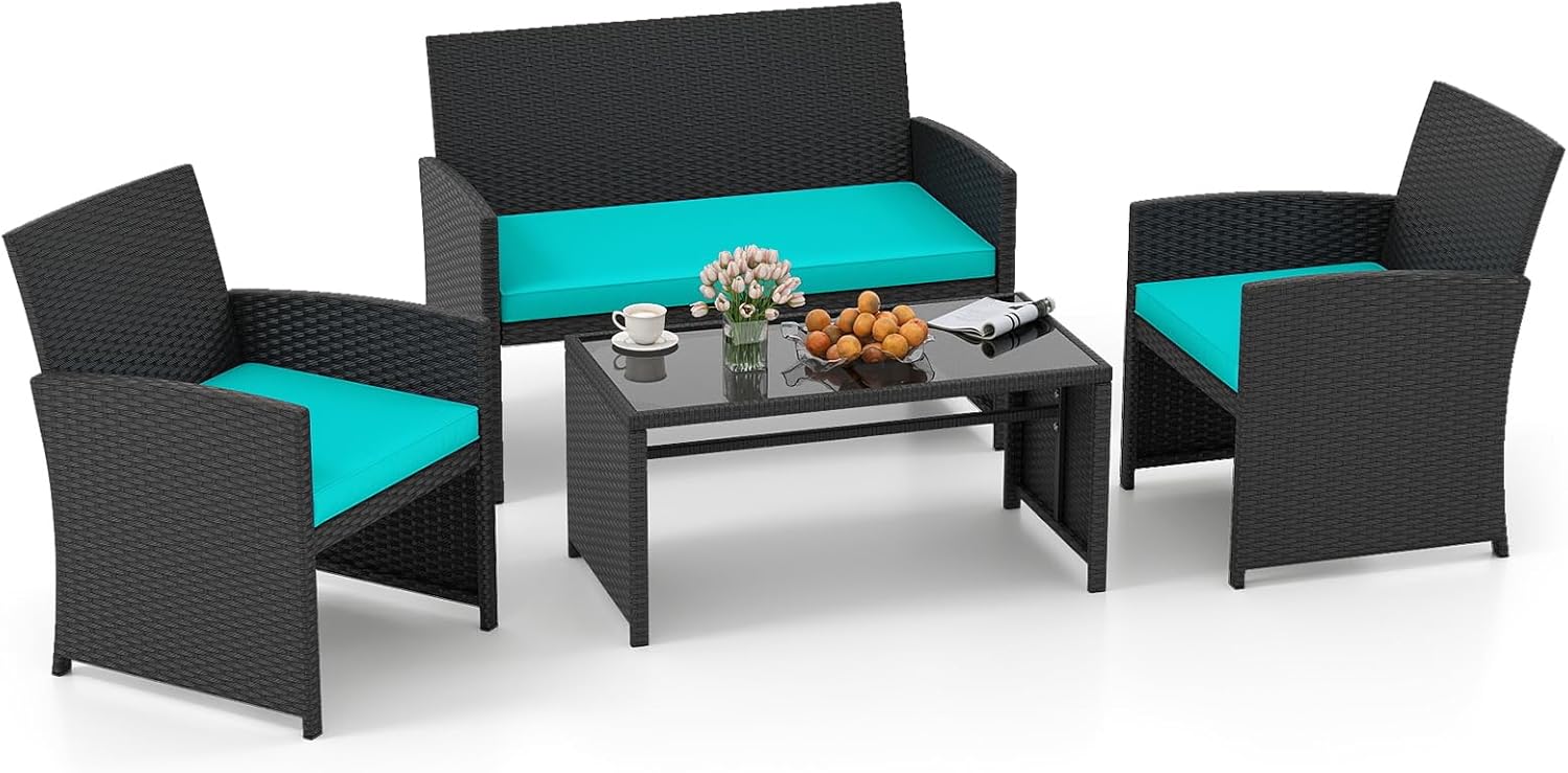 Tangkula 4 Pieces Patio Furniture Set with Tempered Glass Tabletop and Removable Cushion