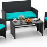 Tangkula 4 Pieces Patio Furniture Set with Tempered Glass Tabletop and Removable Cushion