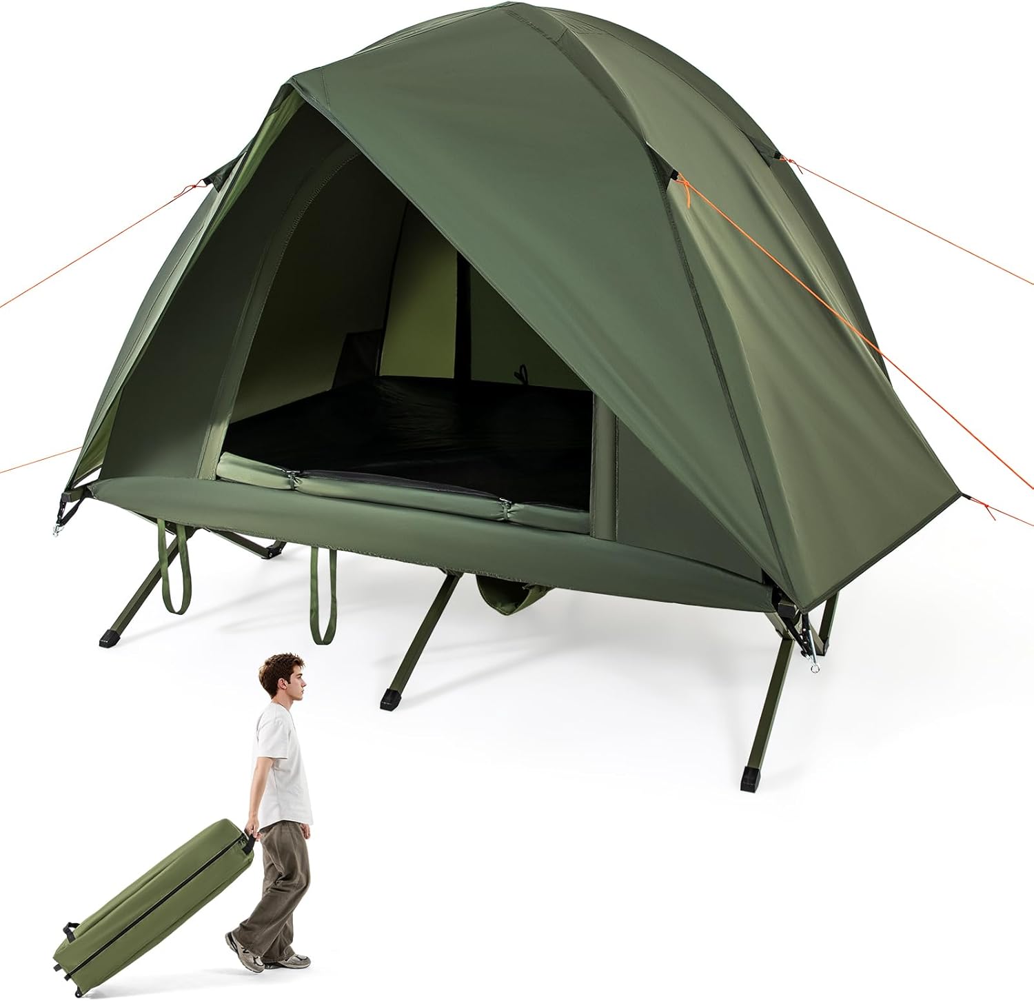 2 person cot tent Tangkula 2 Person Portable Off Ground Elevated Camping Tent with Cot, Green