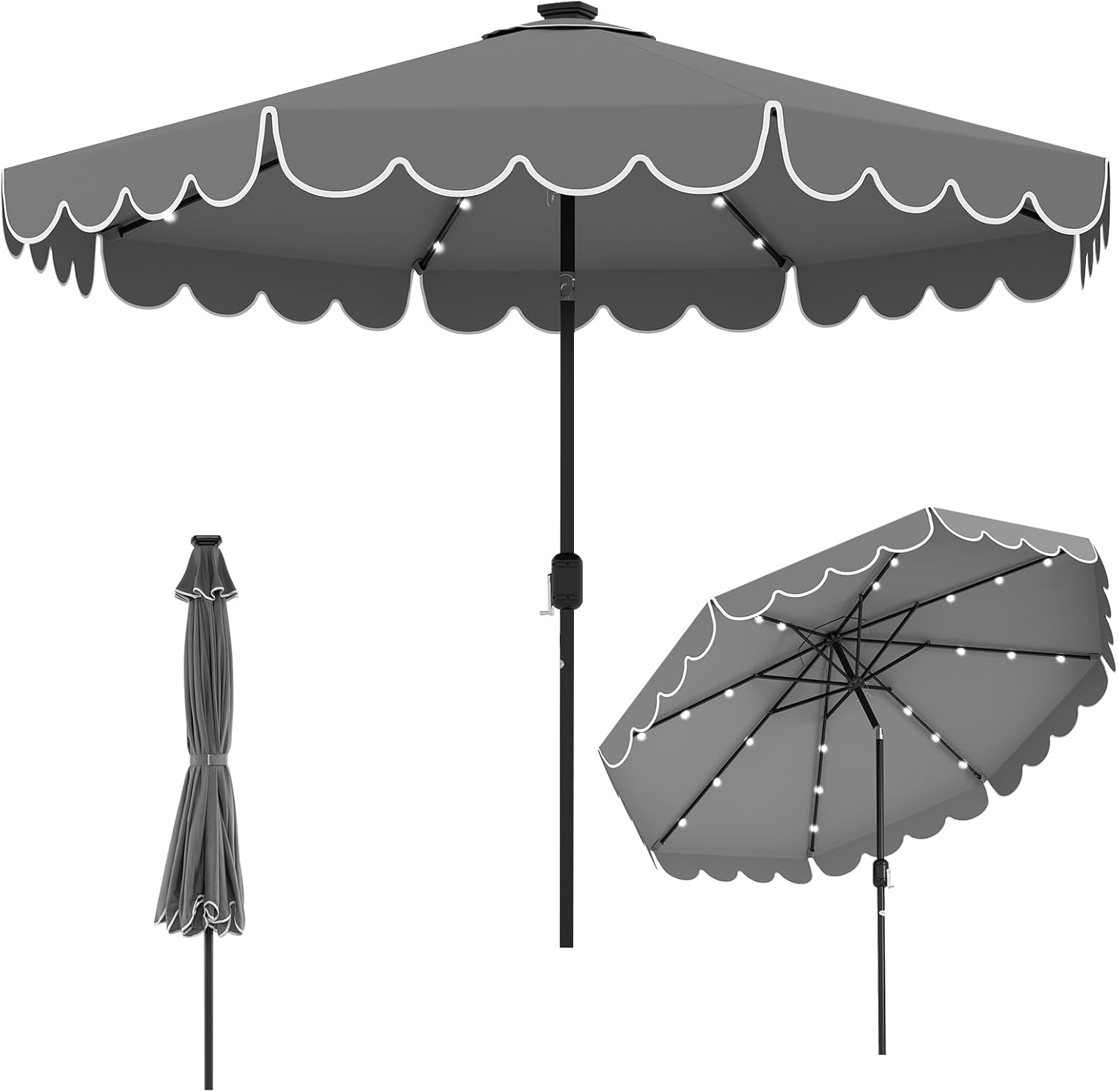black solar patio umbrella Tangkula 10FT Solar LED Patio Umbrella 2-Tiers Scalloped Outdoor Table Market Umbrella, Gray